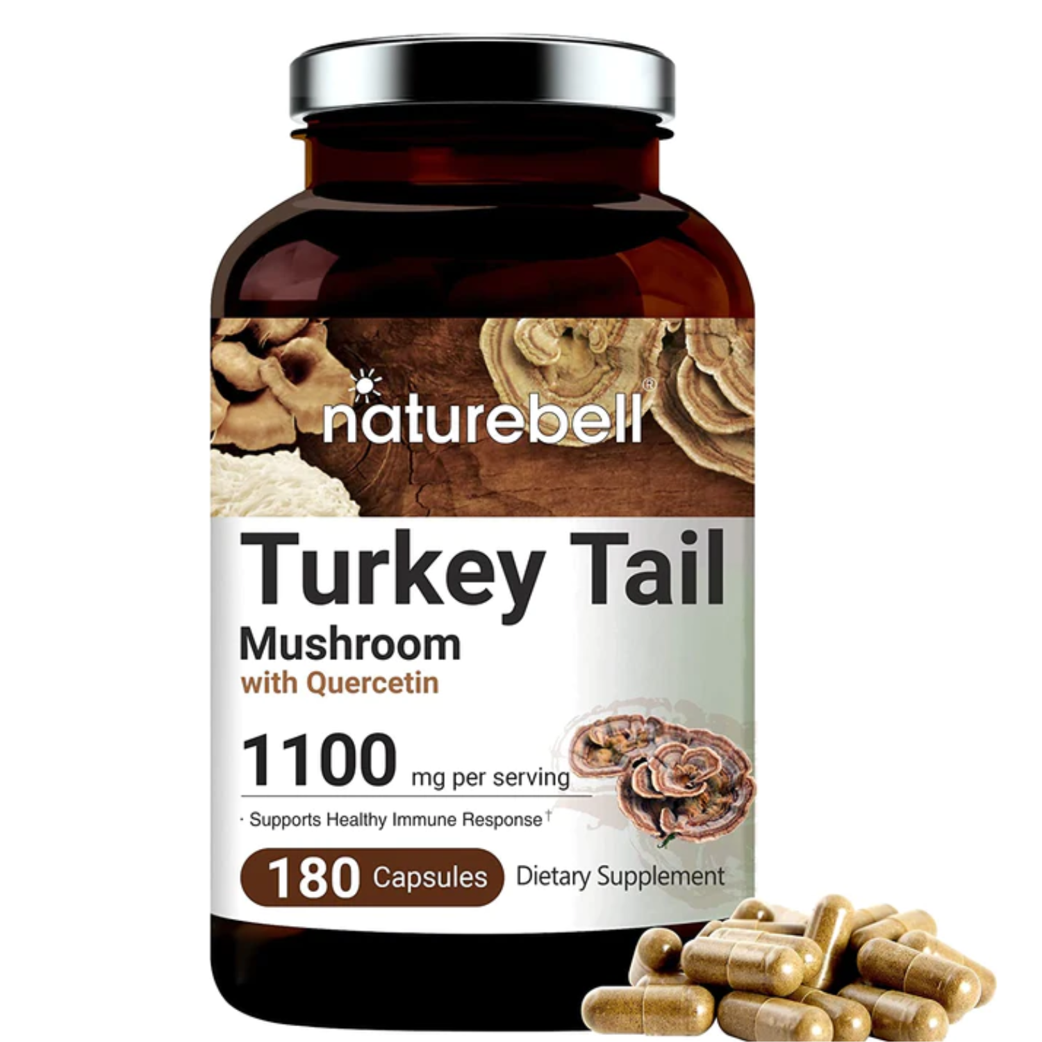 HONGO COLA DE PAVO CON QUERCETINA 1100 MG 180 CAPSULAS  NATUREBELL TURKEY TAIL MUSHROOM