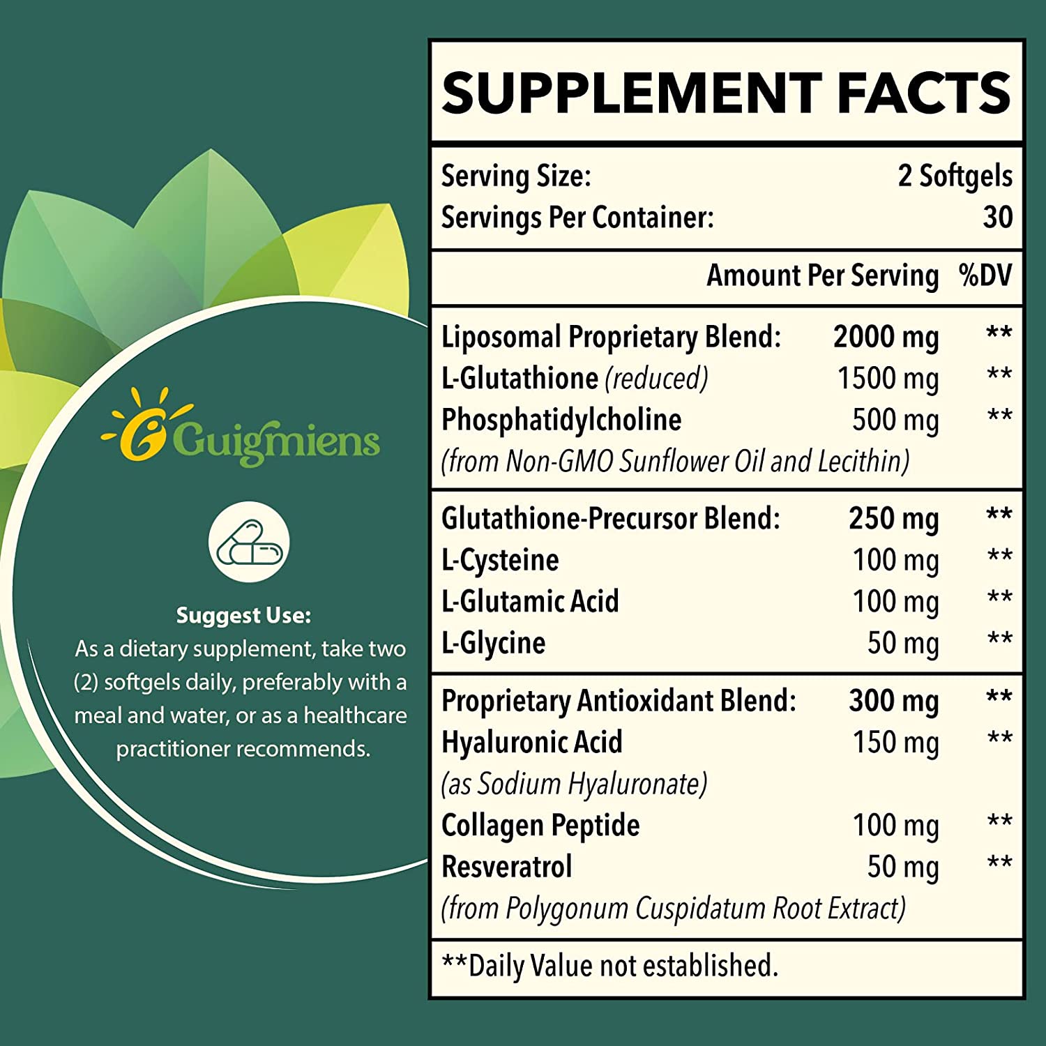 LIPOSOMAL GLUTATHIONE GLUTATIÓN LIPOSÓMICA A 2,000 MG 60 CAPSULAS BLANDAS SIN GMO GUIGMIENS