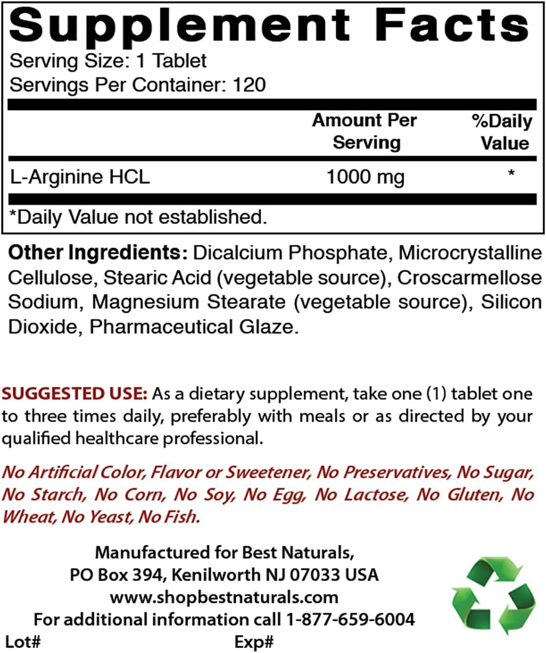 ARGININA 1,000 MG 120 TABLETAS BEST NATURALS ARGININE