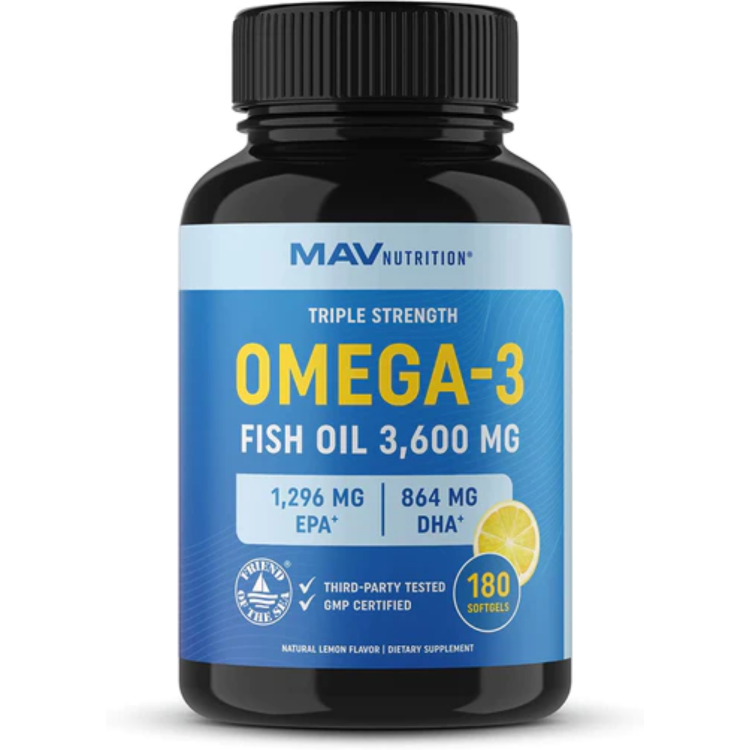 FISH OIL OMEGA 3  3,600 MG CON EPA 1296 MG Y DHA 864 MG 180 CAPSULAS BLANDAS MAV NUTRITION