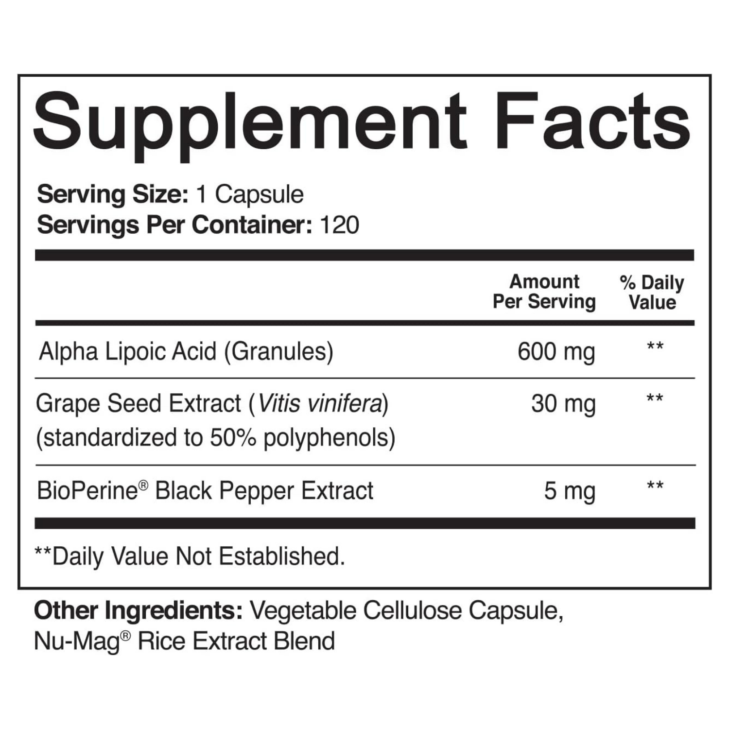 ÁCIDO ALFA LIPOICO 600 MG CON EXTRACTO DE SEMILLA DE UVA 30 MG Y EXTRACTO DE PIMIENTA NEGRA BIOPERINA 5 MG 120 CAPSULAS SIN GMO VEGANO NUTRIFLAIR