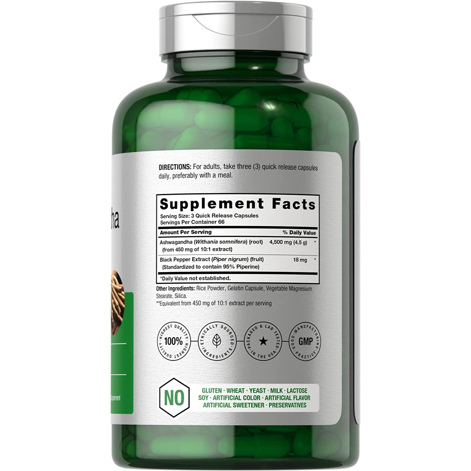 ASHWAGANDHA 4,500 MG + EXTRACTO DE PIMIENTA NEGRA 18 MG HORBAACH 200 CAPSULAS SIN GMO