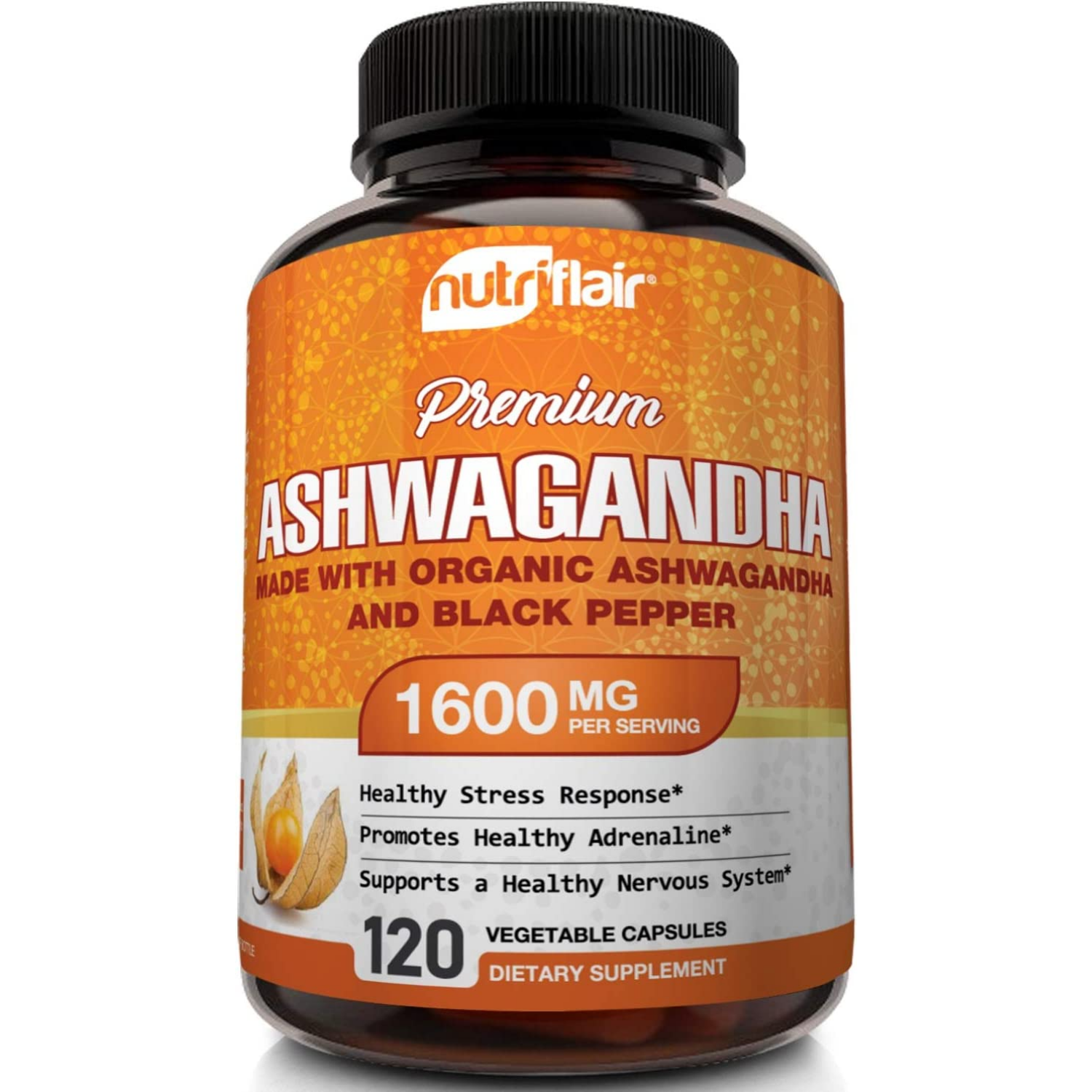 ASHWAGANDHA 1600 MG + EXTRACTO DE PIMIENTA NEGRA ORGANICA 10 MG 120 CAPSULAS  SIN GMO NUTRIFLAIR