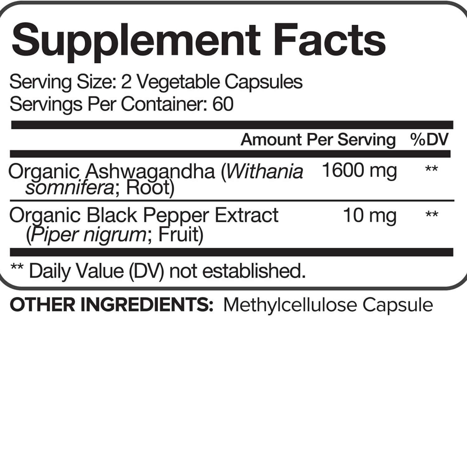 ASHWAGANDHA 1,600 MG + EXTRACTO DE PIMIENTA NEGRA ORGÁNICA 10 MG 120 CAPSULAS VEGANO NUTRIVEIN