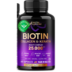 BIOTINA COLAGENO Y KERATINA  25000 MCG 60 CAPSULAS SIN GMO VEGANO NUTRA HARMONY