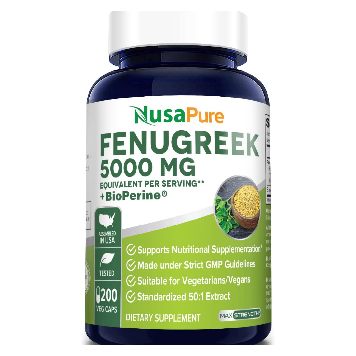 FENUGREEK FENOGRECO ALHOLVA CON BIOPERINA  5,000 MG 200 CAPSULAS NUSAPURE