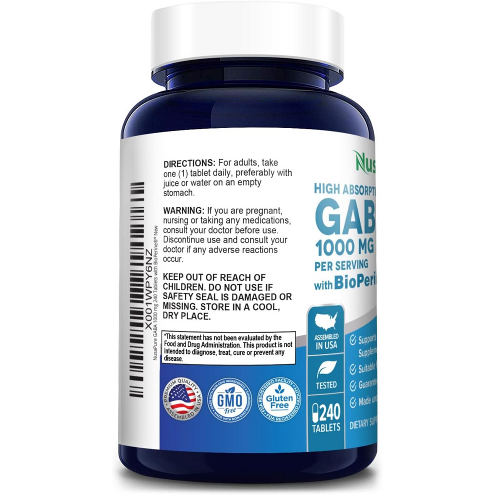 GABA 1000 MG 240 CON BIOPERINA 2.5 MG NUSAPURE CAPSULAS SIN GMO – Bexo Perú