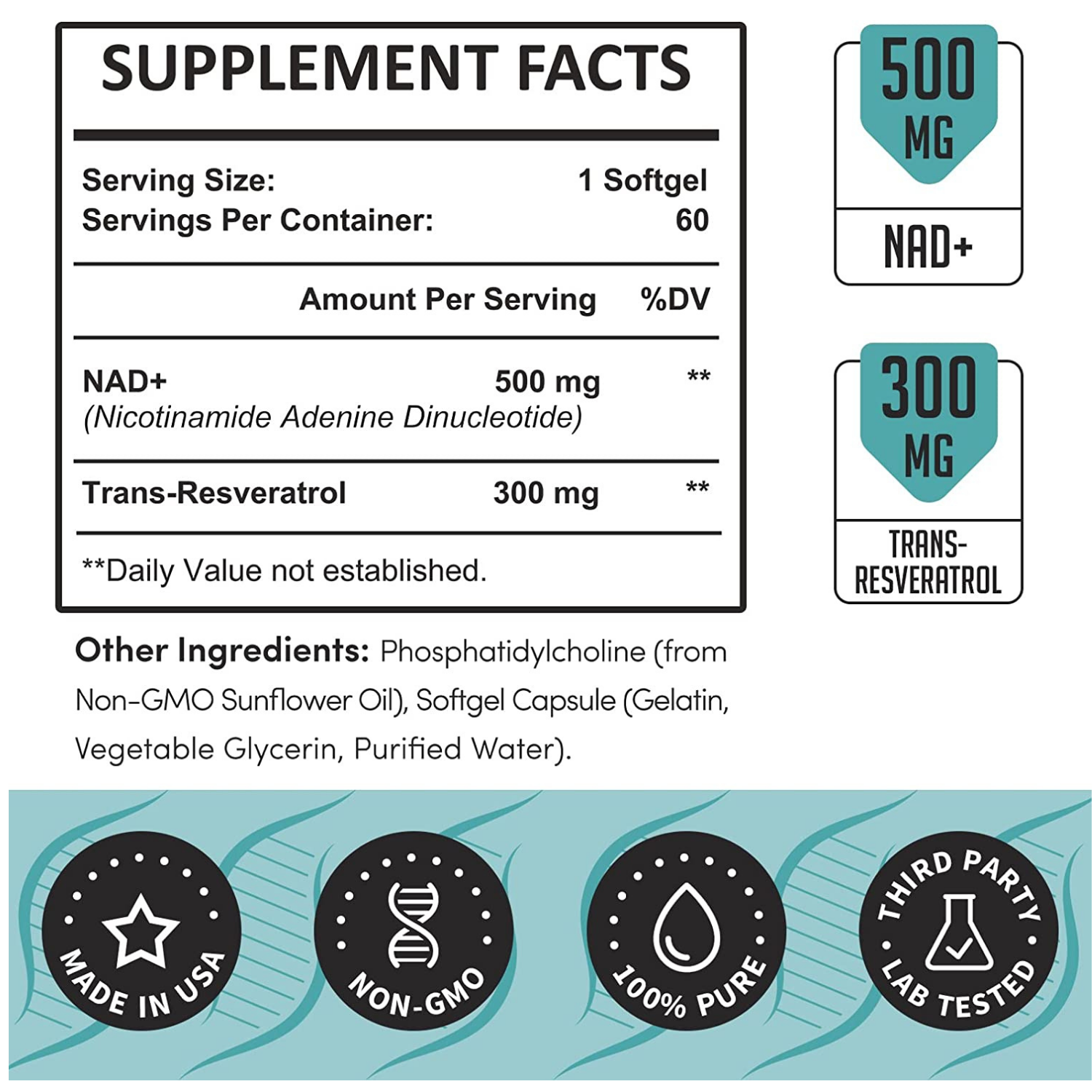 NAD+ 500 MG  TRANS RESVERATROL LIPOSOMAL 300 MG 60 CAPSULAS BLANDAS SIN GMO RHAMOPH