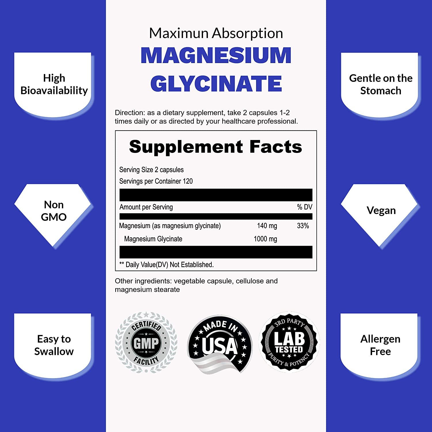 GLICINATO DE MAGNESIO 500 MG 240 CAPSULAS VEGANO SIN GMO UPNOURISH