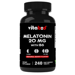 MELATONINA 20 MG CON VITAMINA B6 5 MG 240 TABLETAS SUBLINGUALES SIN GMO VITABOD