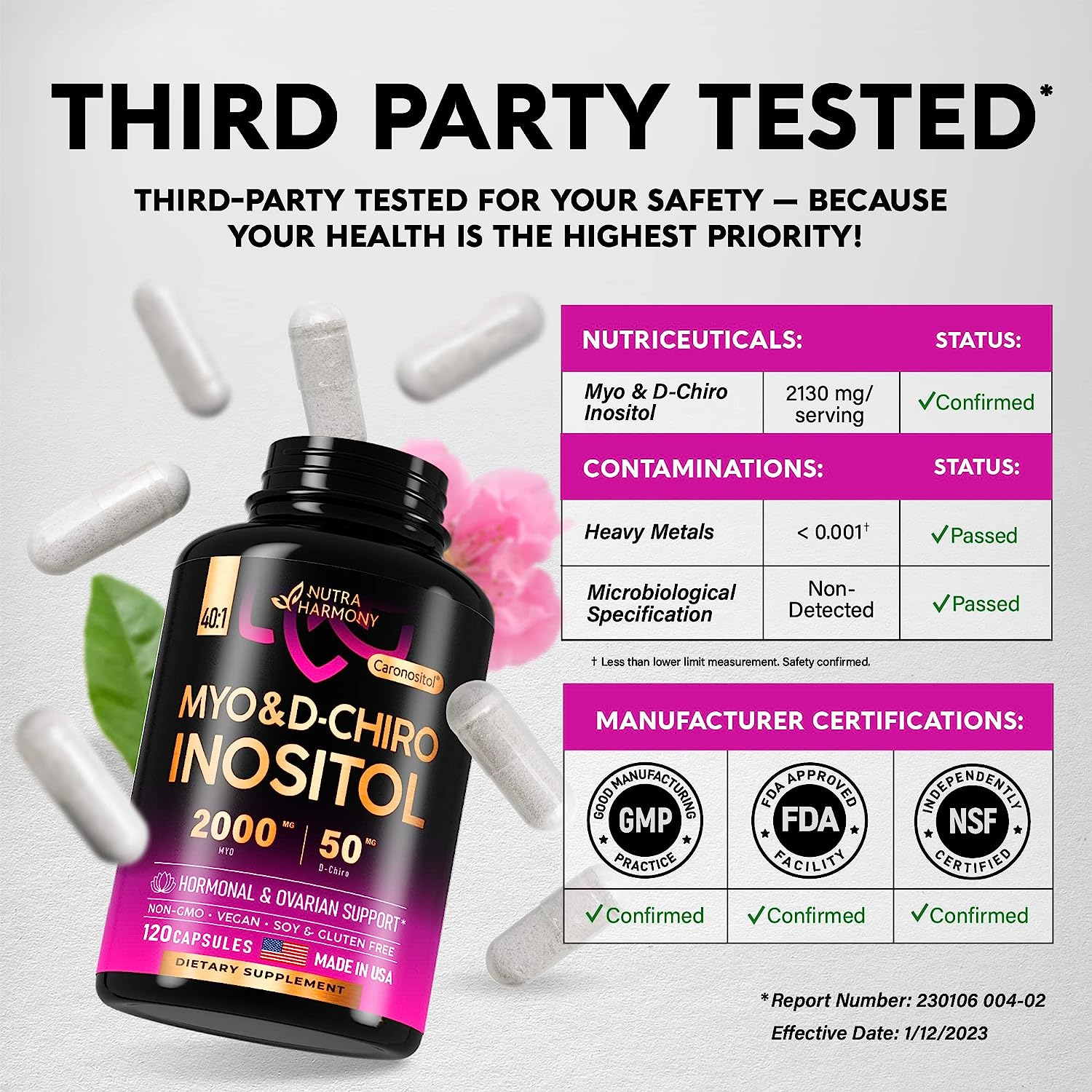 MYO DCHIRO INOSITOL  2050 MG 120 CAPSULAS SIN GMO VEGANO NUTRA HARMONY