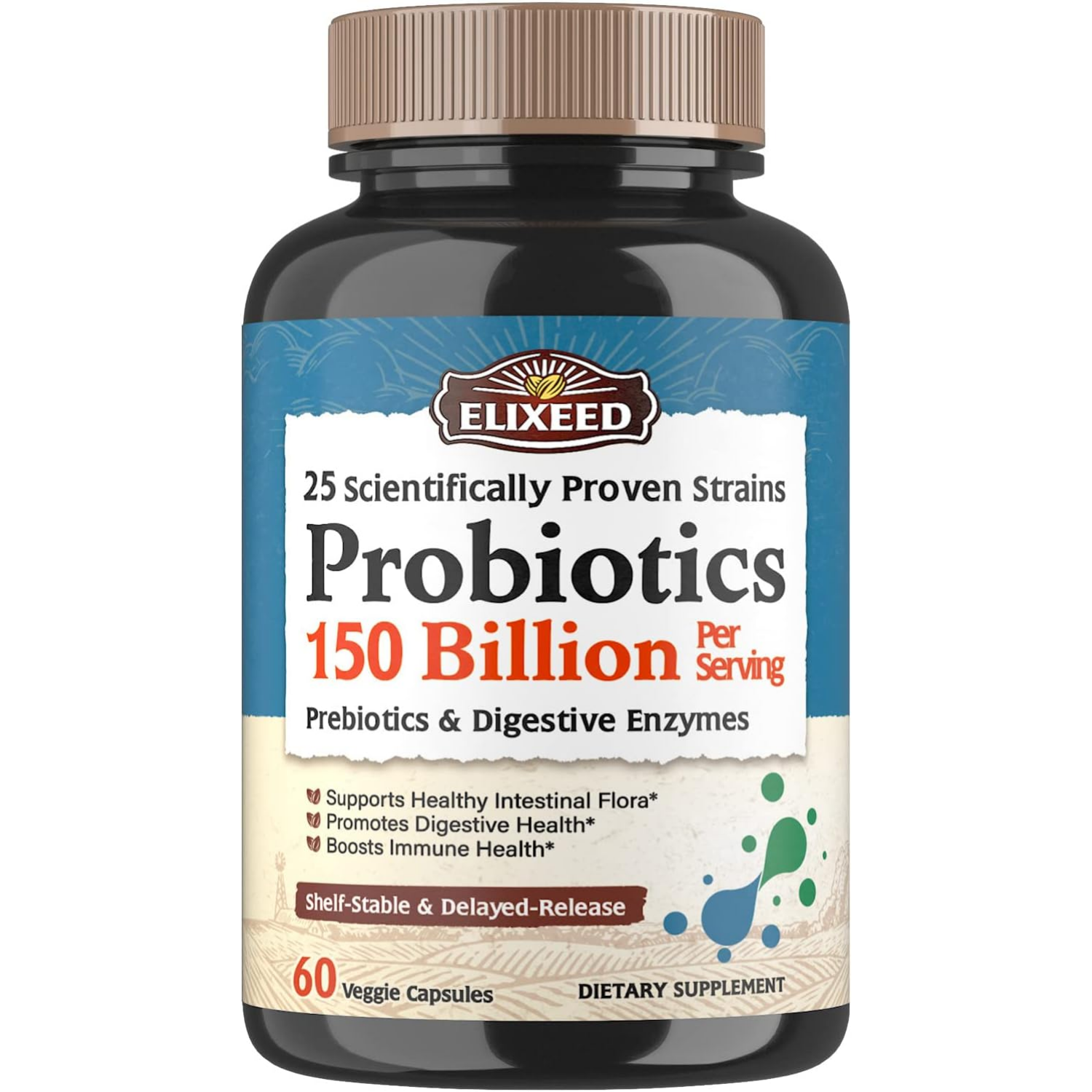 PROBIOTICOS CON ENZIMAS DIGESTIVAS  25 CEPAS 150 BILLONES CFU 60 CAPSULAS ELIXEED