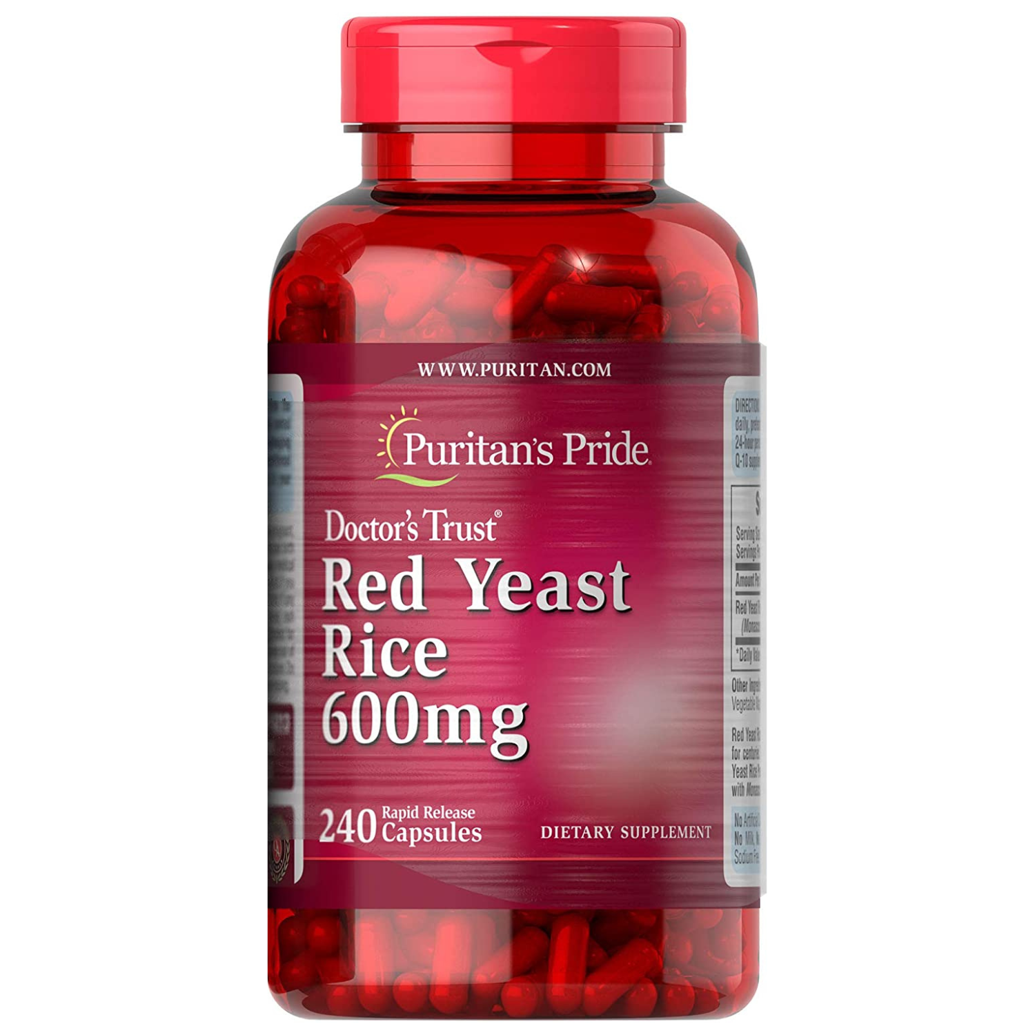 RED YEAST RICE ARROZ DE LEVADURA ROJA 600 MG 240 CAPSULAS SIN GMO PURITANS PRIDE