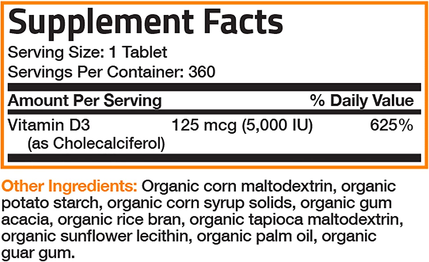 VITAMINA D3 5,000 IU 360 TABLETAS SIN GMO BRONSON