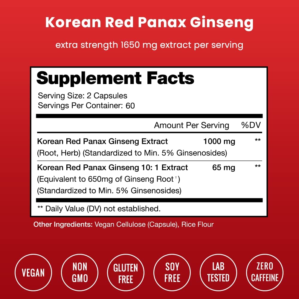 GINSENG COREANO ROJO 1650 MG 120 CAPSULAS VEGANO SIN GMO NUTRA CHAMPS