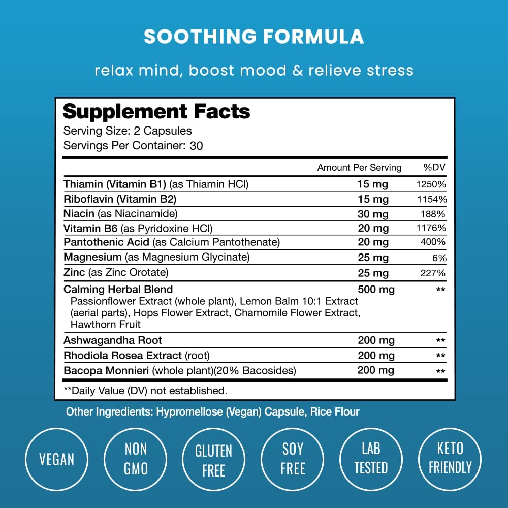 CALMSENSE 1,250 MG (VITAMINA B1 15 MG CON VITAMINA B2 15 MG CON VITAMINA B6 30 MG + MAGNESIO 25 MG)  60 CAPSULAS VEGANO SIN GMO NUTRA CHAMPS