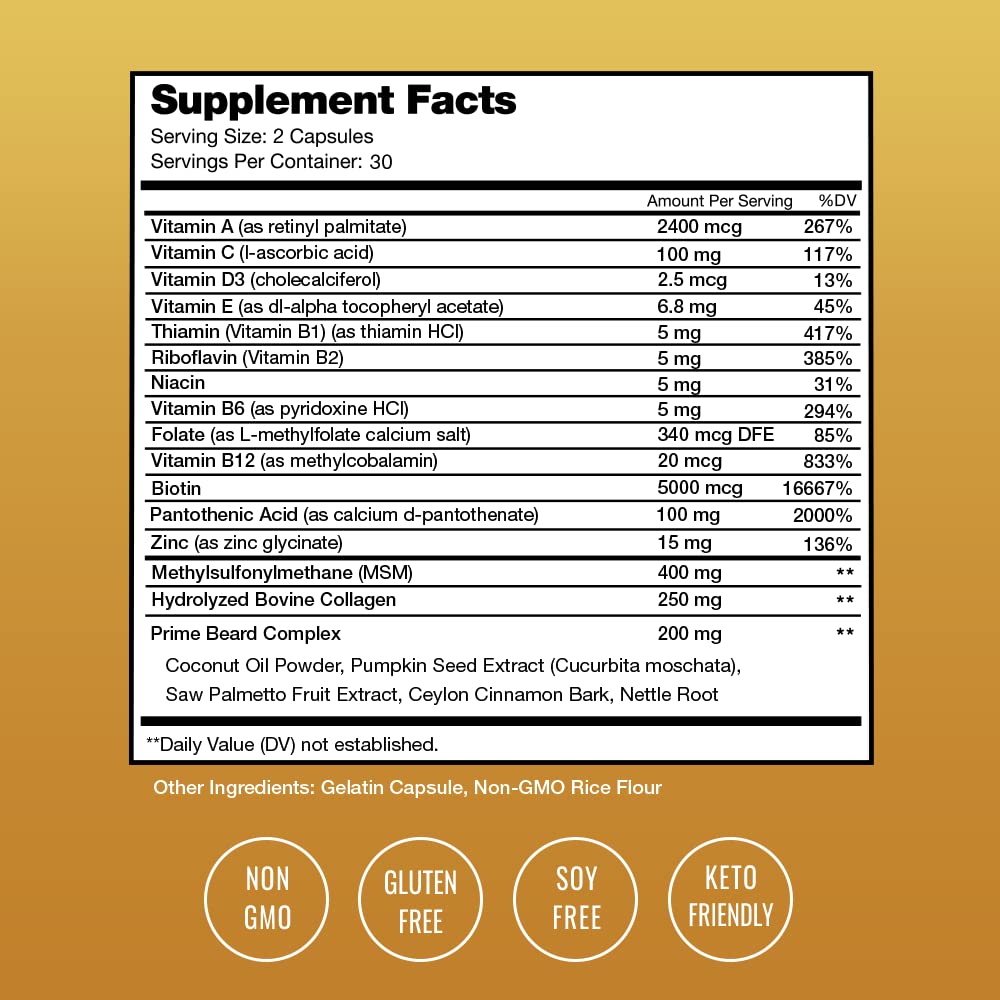 PRIME BEARD 5,000 MCG CON VITAMINA A Y FOLATE 60 CAPSULAS SIN GMO NUTRACHAMPS