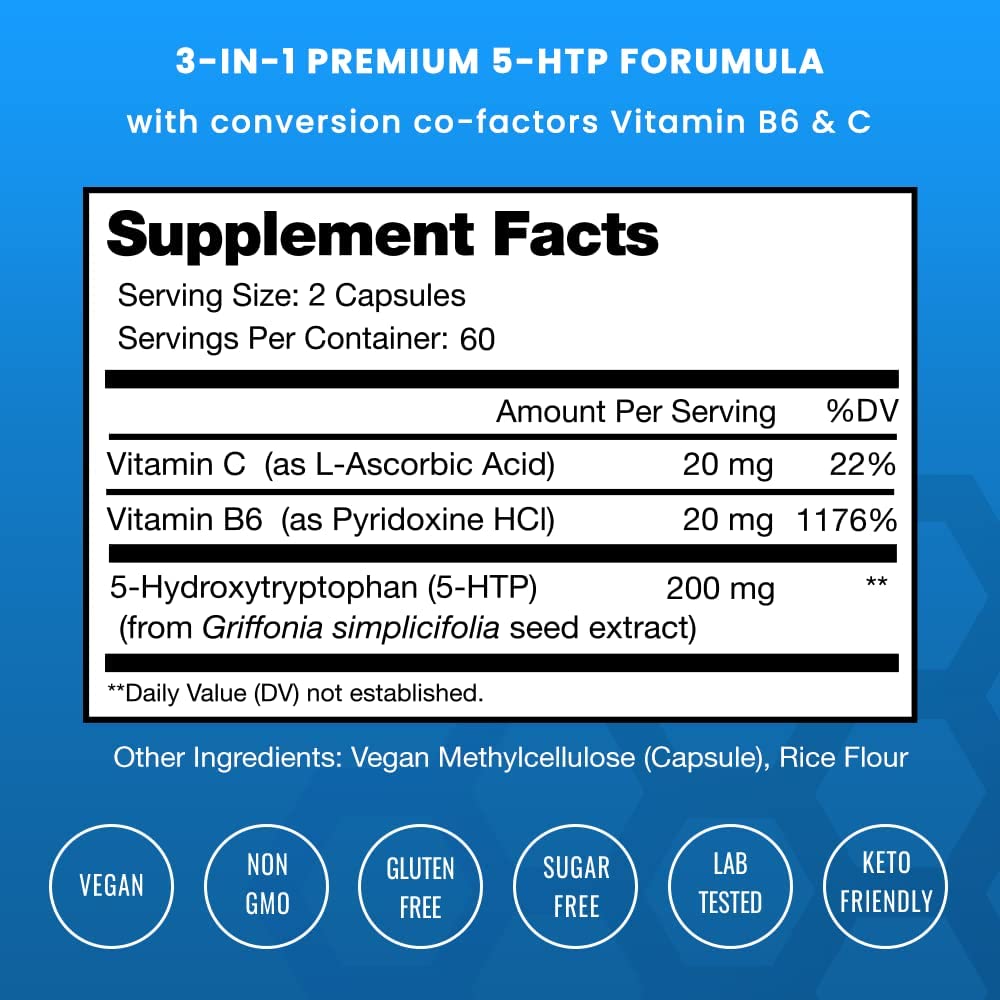 5-HTP  200 MG 120 CAPSULAS CON VITAMINA B6 20 MG Y VITAMINA C 20 MG NO GMO VEGANO NUTRA CHAMPS