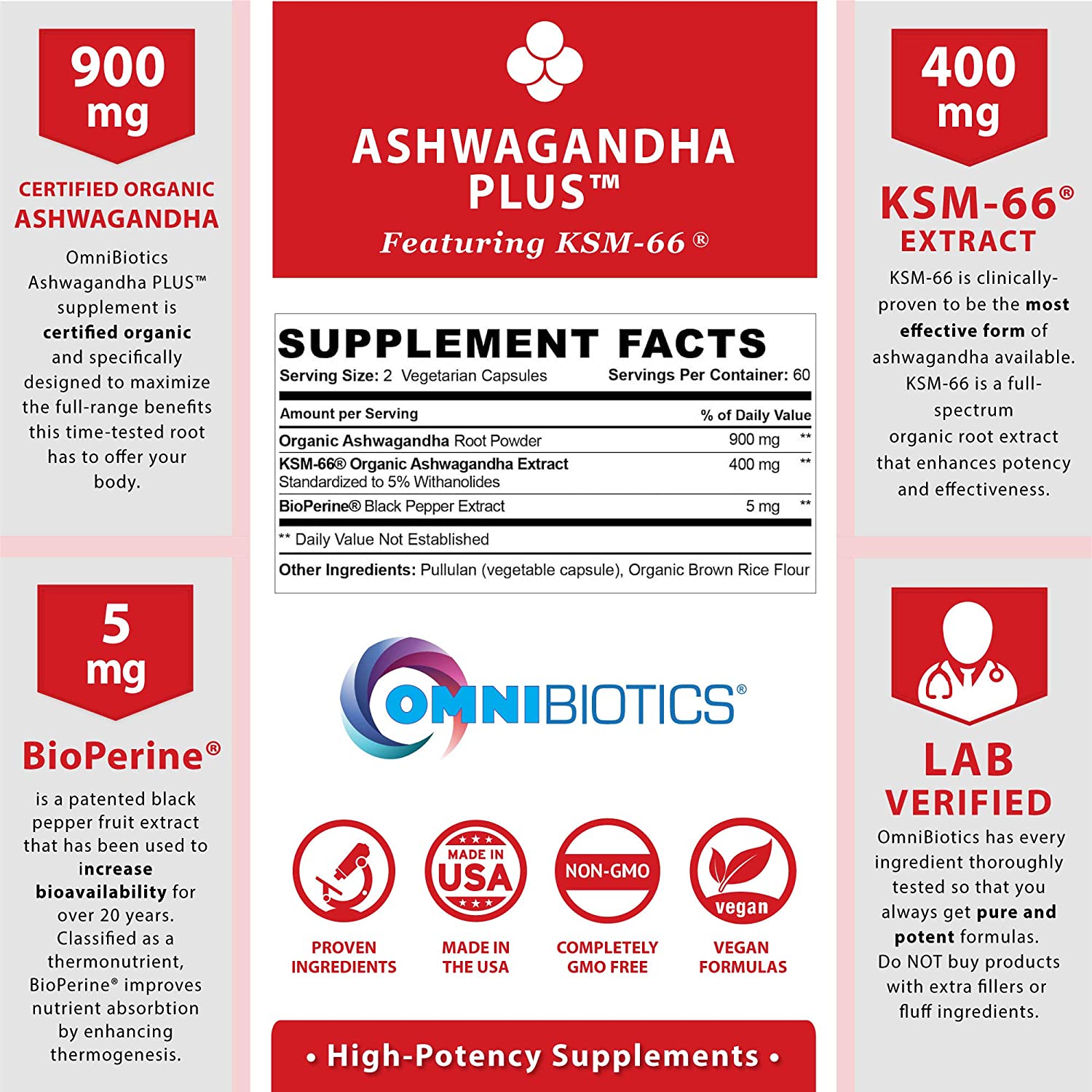 ASHWAGANDHA  1,305 MG + BIOPERINA EXTRACTO DE PIMIENTA NEGRA 5 MG 120 CAPSULAS VEGANO OMNIBIOTICS