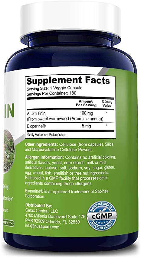 ARTEMISININA NUSAPURE 100 MG BIOPERINA 5 MG 180 CAPSULAS VEGANO