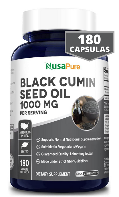 BLACK CUMIN SEED OIL ACEITE DE COMINO NEGRO 1000 MG 180 CAPSULAS SIN GMO NUSAPURE