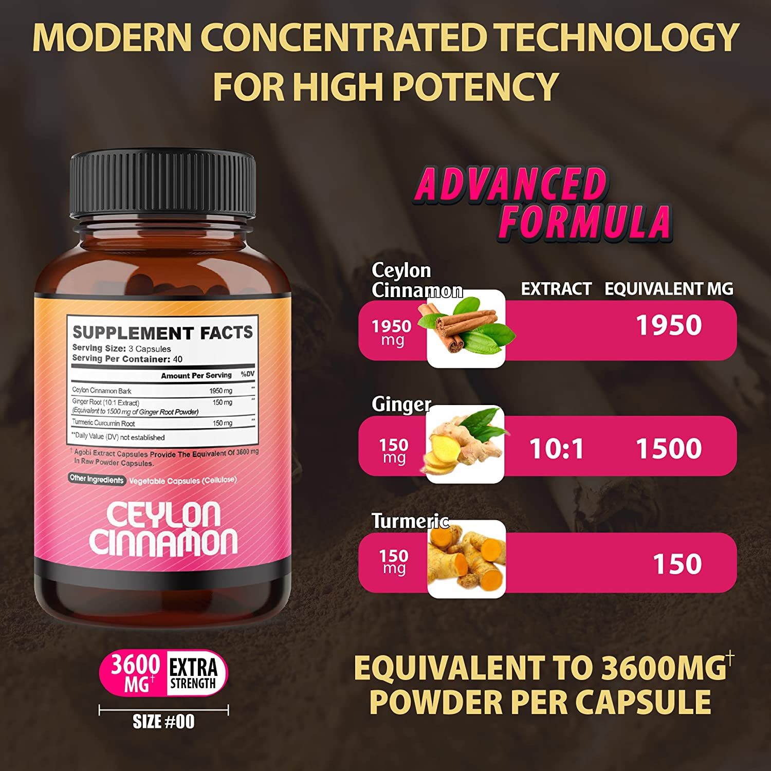 CANELA DE CEYLAN 1950 MG CON JENGIBRE 1500 MG Y CURCUMA 150 MG 120 CAPSULAS AGOBI