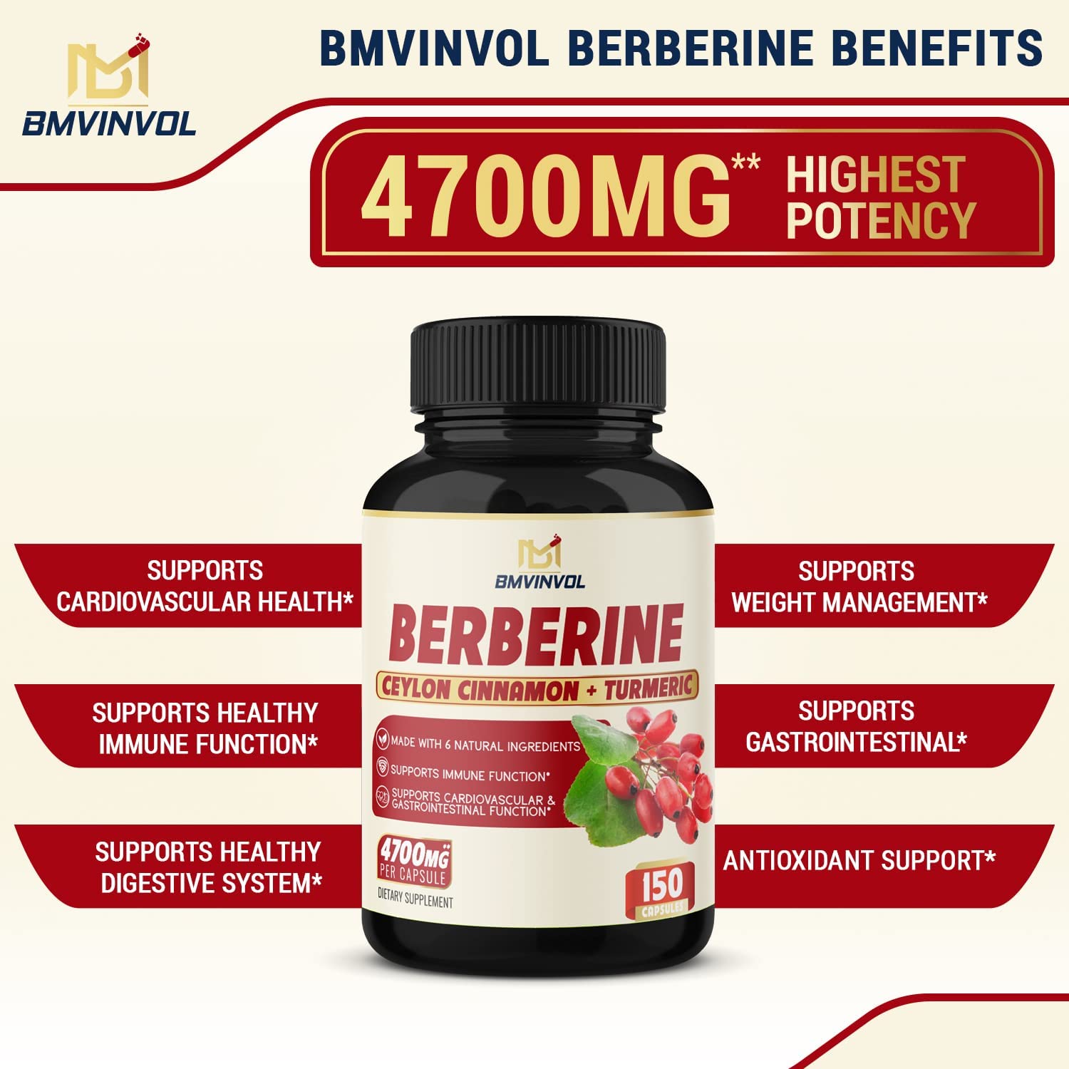 BERBERINA  3000 MG CON CURCUMA 500 MG Y HOJA DE ALCACHOFA 500 MG 150 CAPSULAS VEGANO BMVINVOL