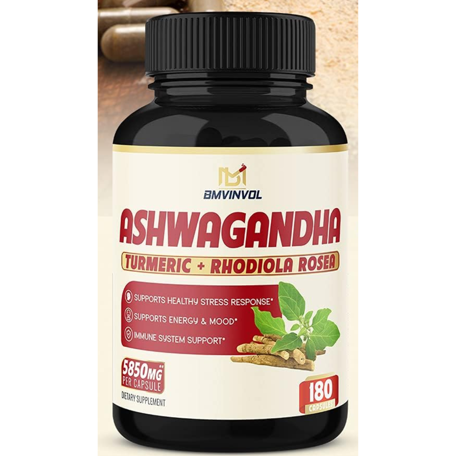 ASHWAGANDHA 4800 MG  + CÚRCUMA 400 MG + RODIOLA ROSEA 200 MG 180 CAPSULAS BMVINVOL