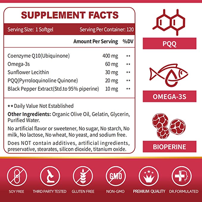 COENZIMA Q10 400 MG UBIQUINOL COQ10 CON OMEGA 3 60 MG Y LECITINA DE GIRASOL 30 MG SIN GMO 120 SOFTGELS ZEBORA